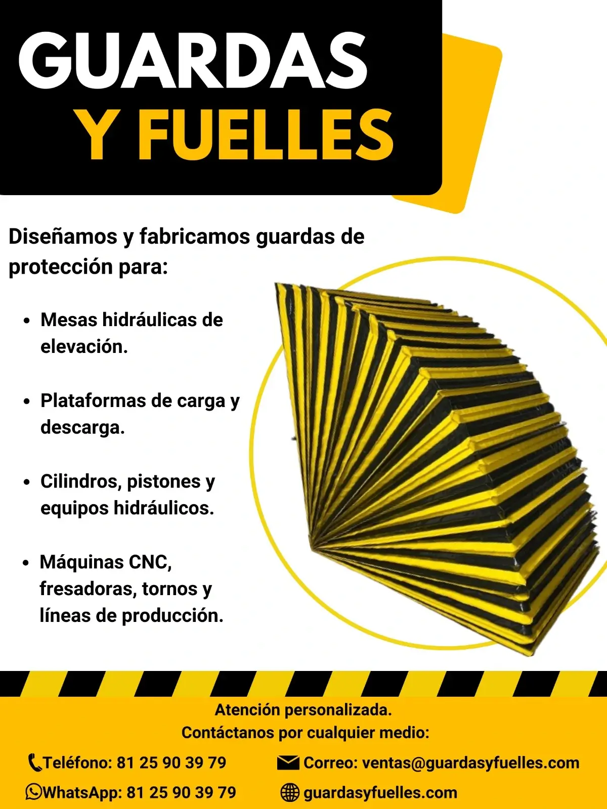 guardas y fuelles tipo acordeón negro con amarillo para maquinaria industrial
